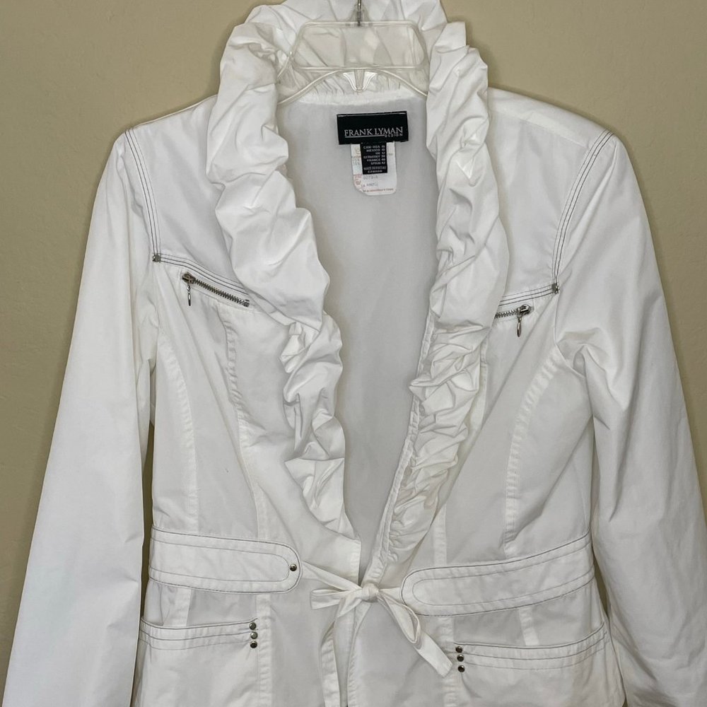 Frank Lyman White Ruffle Collar Jacket Size 10